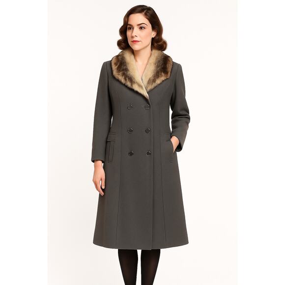 Vintage 1960s Wool Coat with Real Fur Collar Gray Double Breasted XXL - Picture 1 of 16